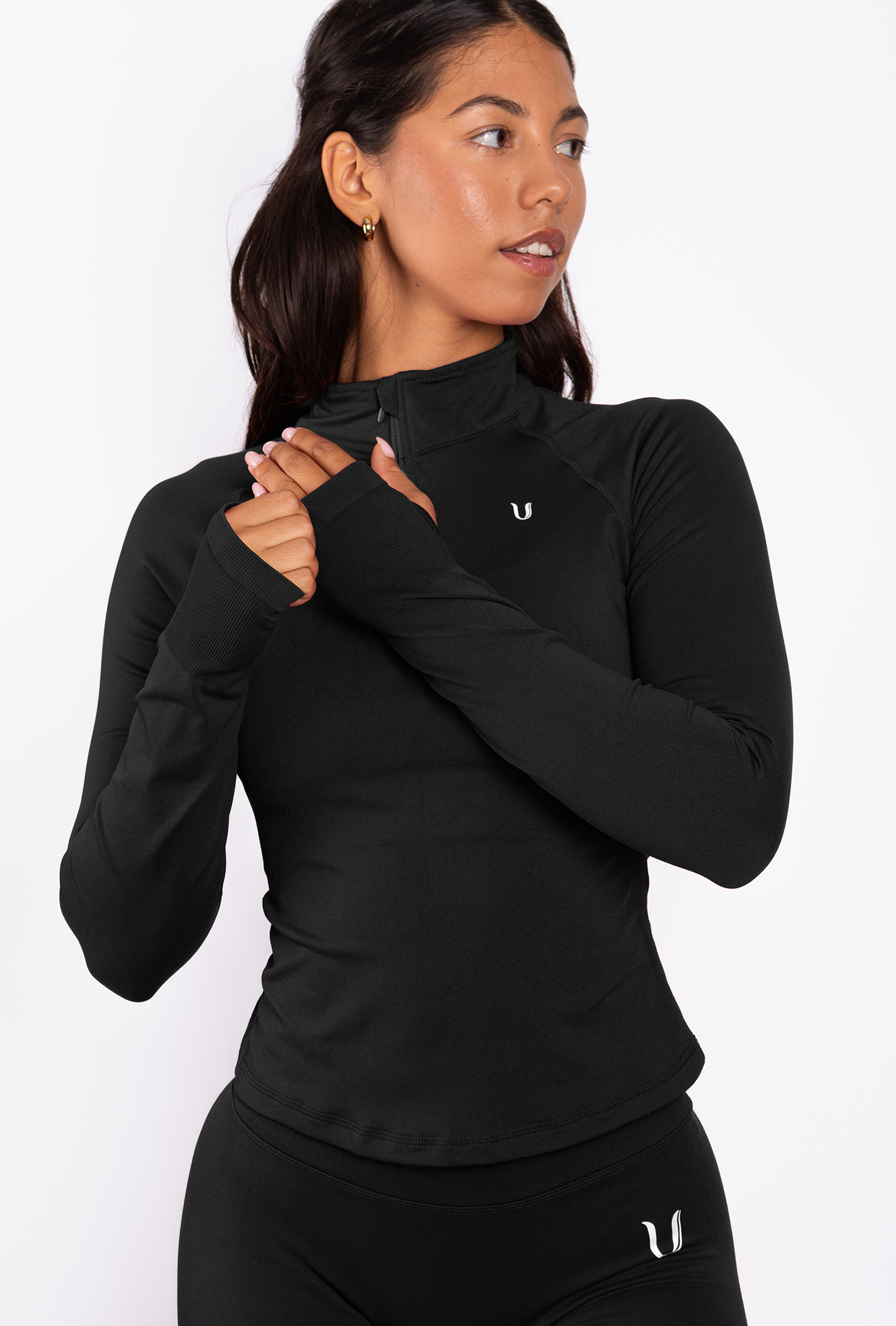 Beau Half Zip Lange Mouwen Top Zwart - Dames fitness kleding zijkant
