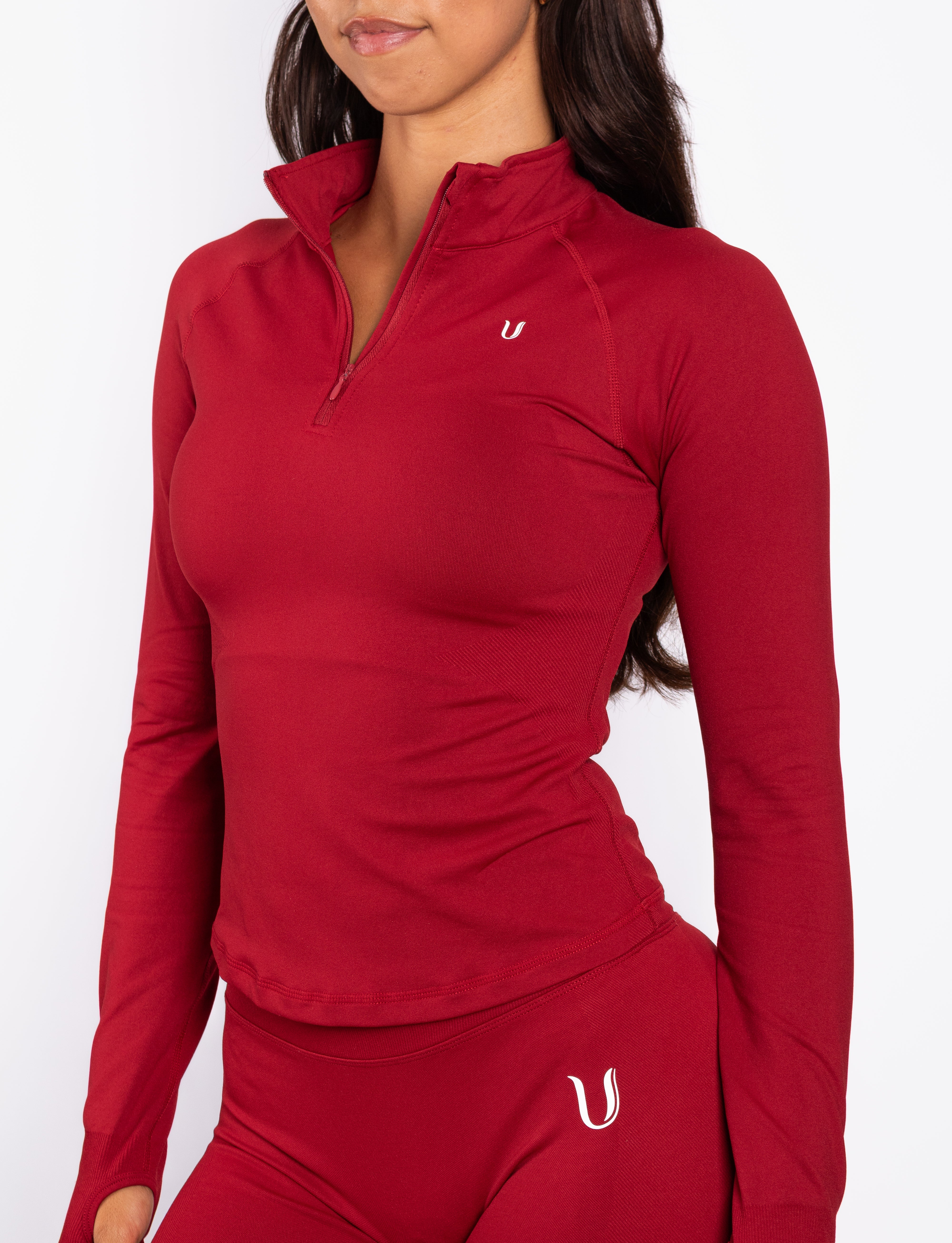 Beau Half Zip Haut Manches Longues Rouge