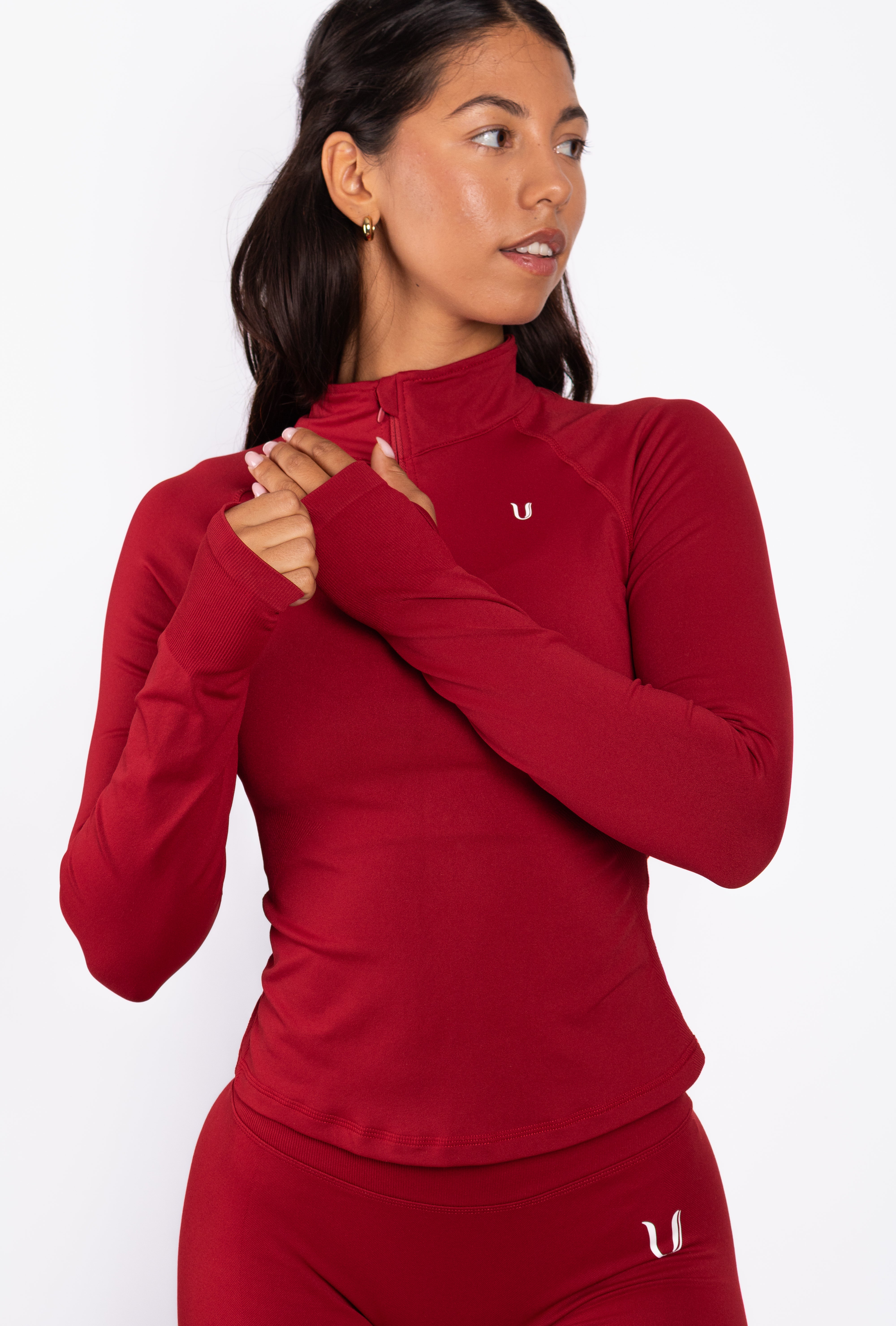 Beau Half Zip Haut Manches Longues Rouge