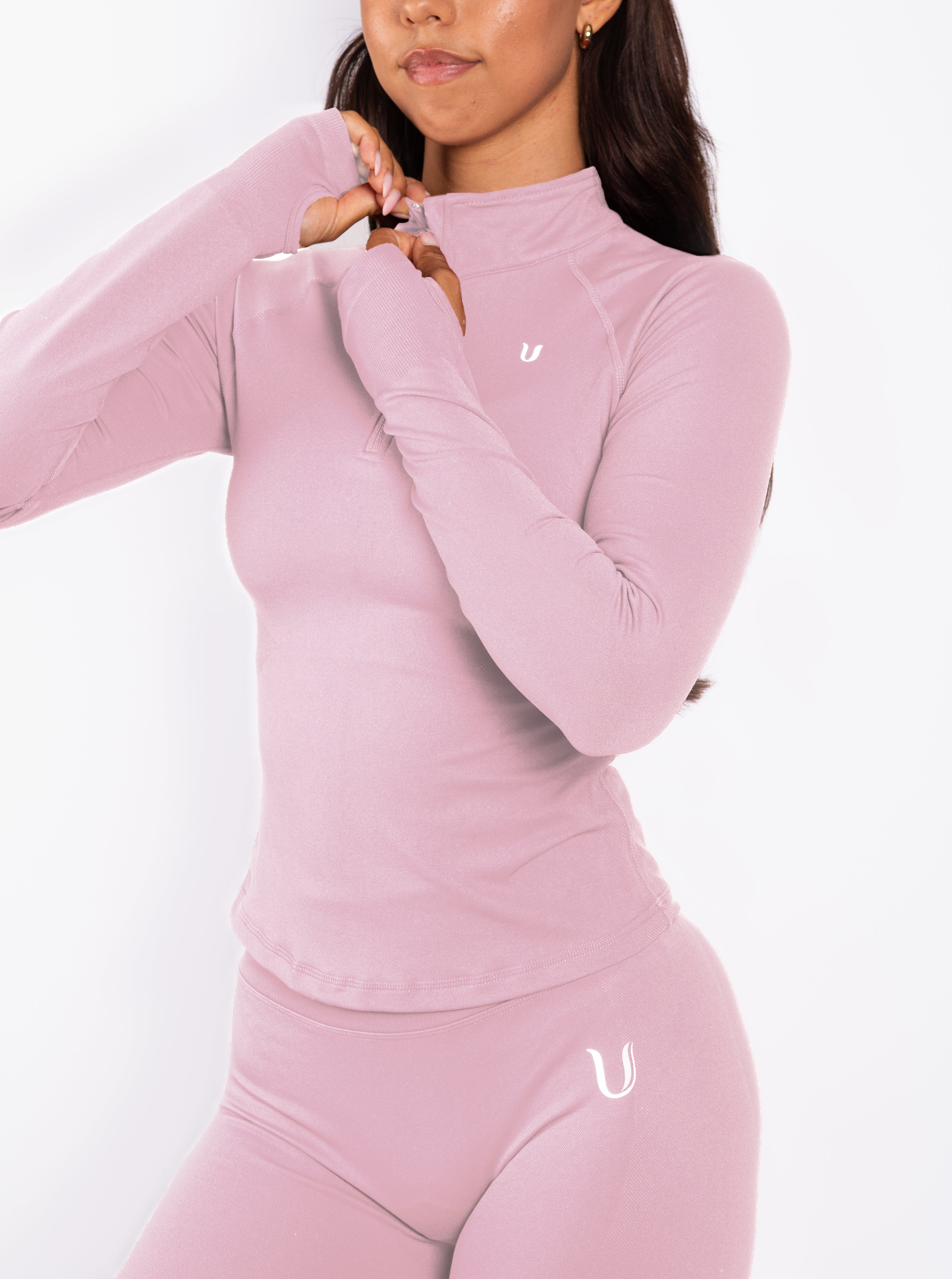 Beau Half Zip Haut Manches Longues Rose